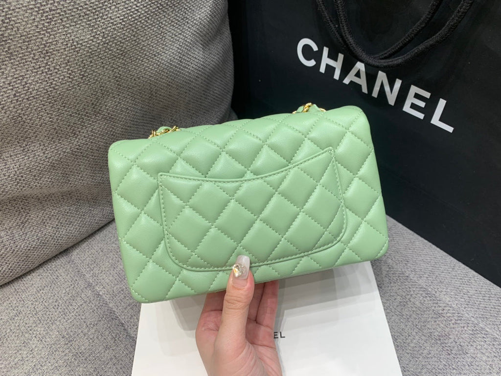 MINI RECTANGLE FLAP BAG 20CM LIME LAMBSKIN GOLD HARDWARE