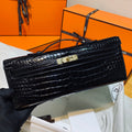 KELLY CUT 31 IN BLACK SHINY ALLIGATOR LEATHER WITH GOLD HARDWARE