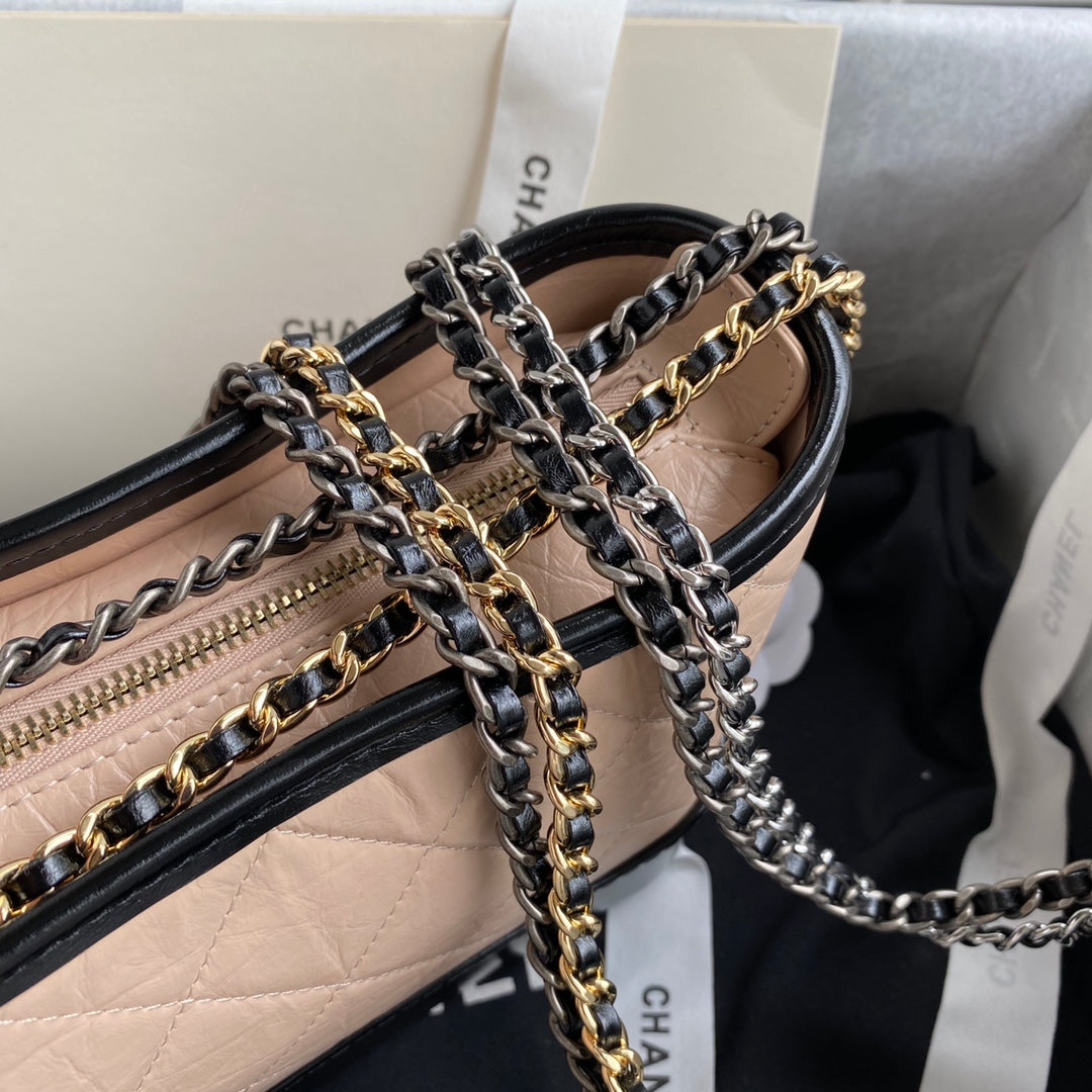 CC GABRIELLE MINI 20 HOBO BAG IN ALMOND BEIGE MIX BLACK CALFSKIN