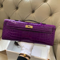 KELLY CUT 31 IN VIOLET PURPLE ALLIGATOR LEATHER WITH GOLD HARDWARE