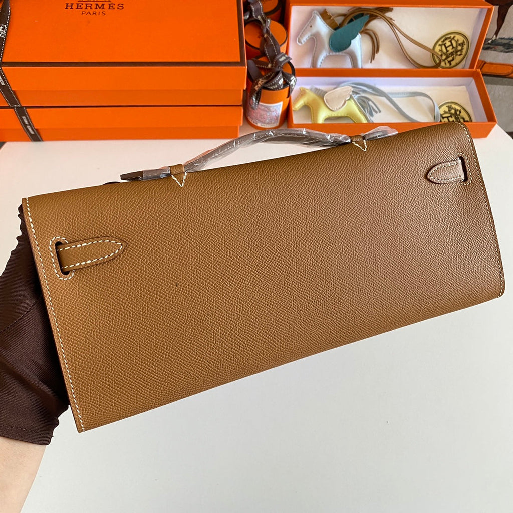 KELLY CUT 31 IN BRONZE BROWN CALFSKIN WITH SILVER HARDWARE