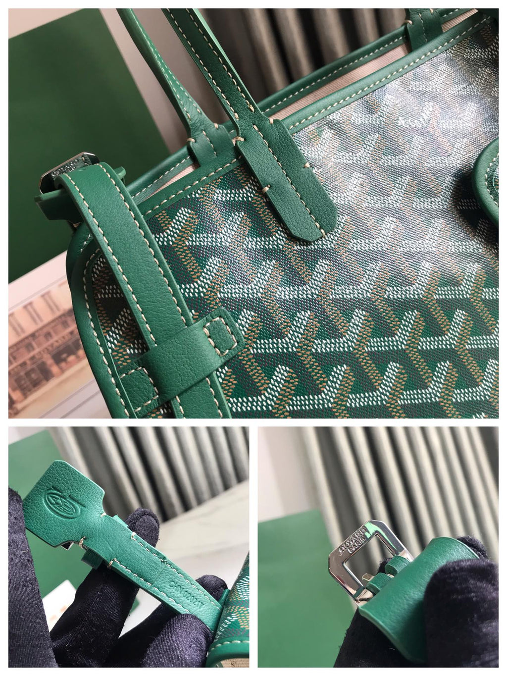 CHIEN GRIS BAG 33 IN GREEN GOYARDINE CANVAS AND CALFSKIN TRIM