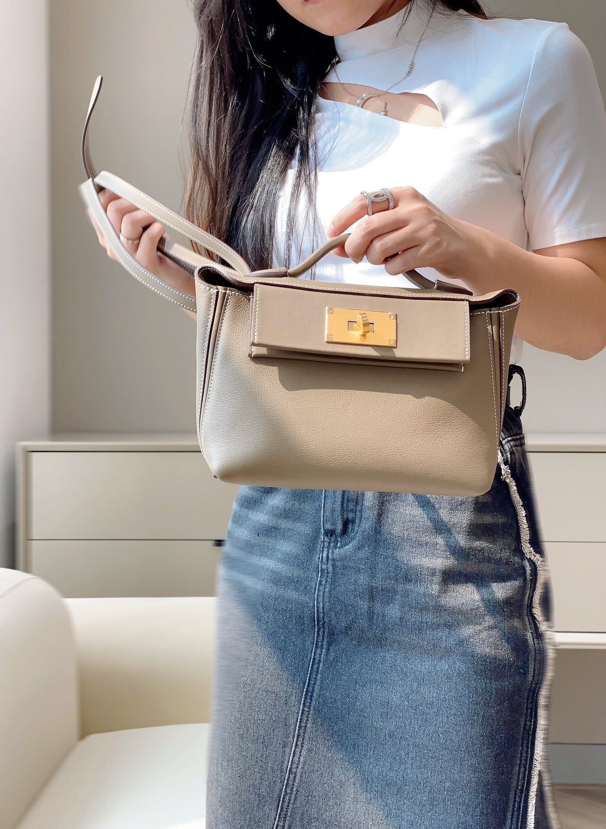MINI 24/24 21CM IN TOGO ETOUPE EVERCOLOR CALFSKIN GOLD KELLY BUCKLE