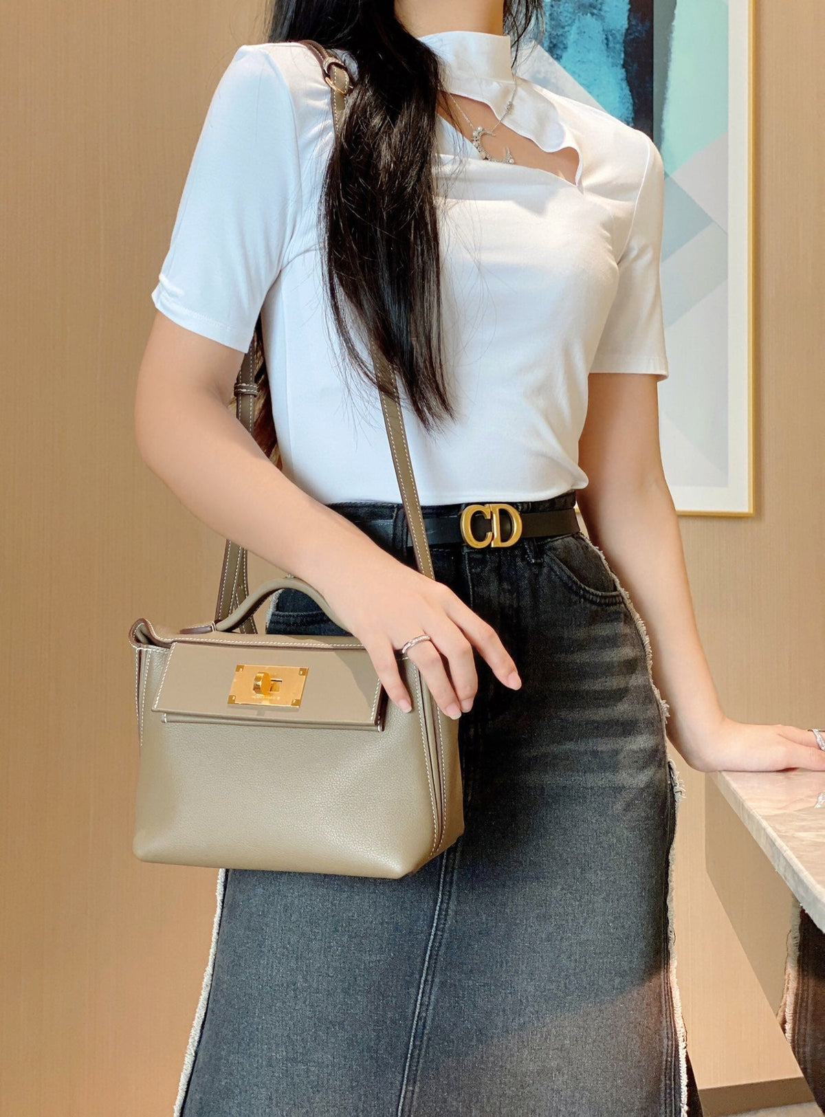 MINI 24/24 21CM IN TOGO ETOUPE EVERCOLOR CALFSKIN GOLD KELLY BUCKLE