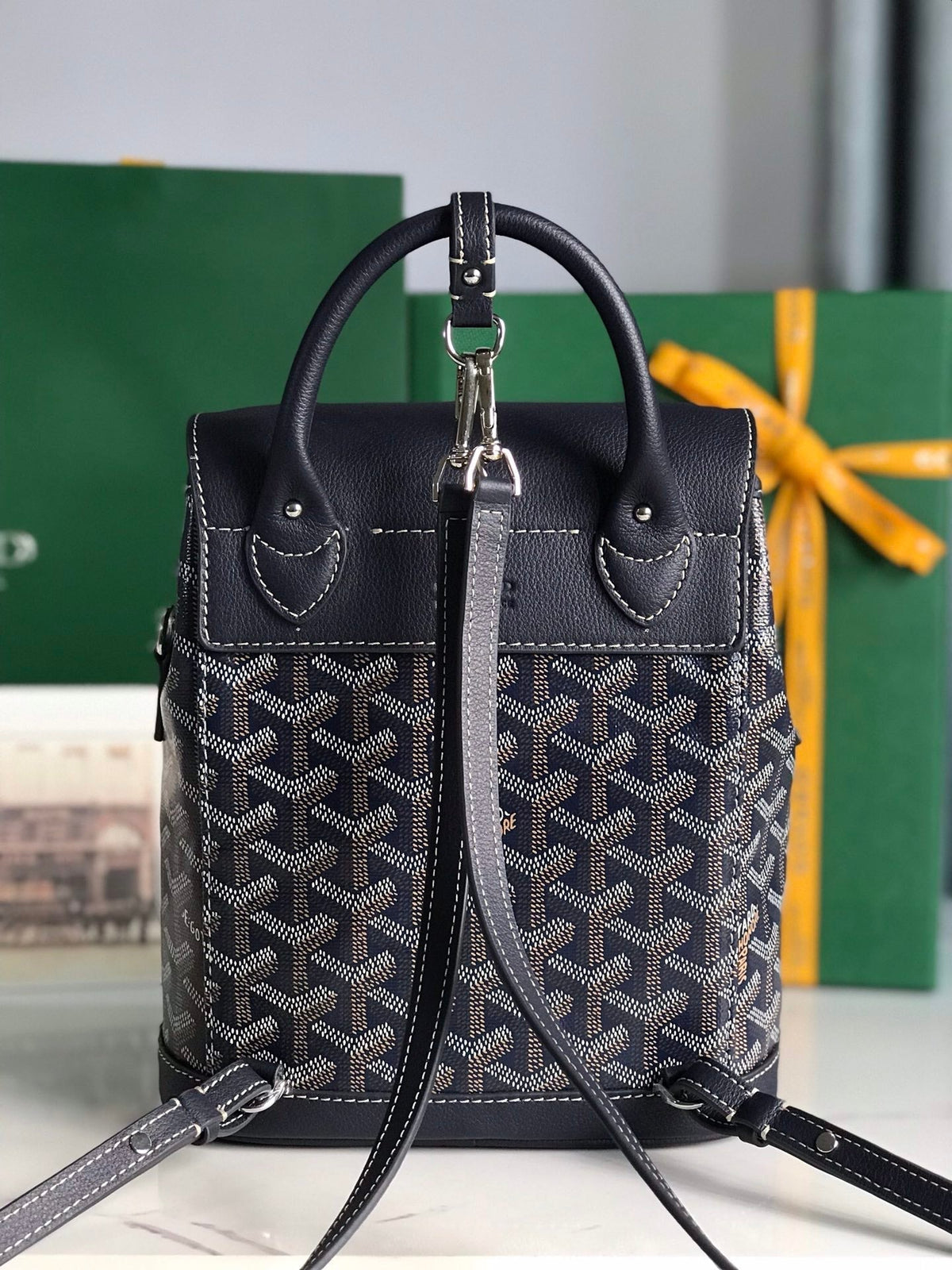 ALPIN MINI BACKPACK 21 IN NAVY BLUE LAMBSKIN AND GOYARDINE CANVAS