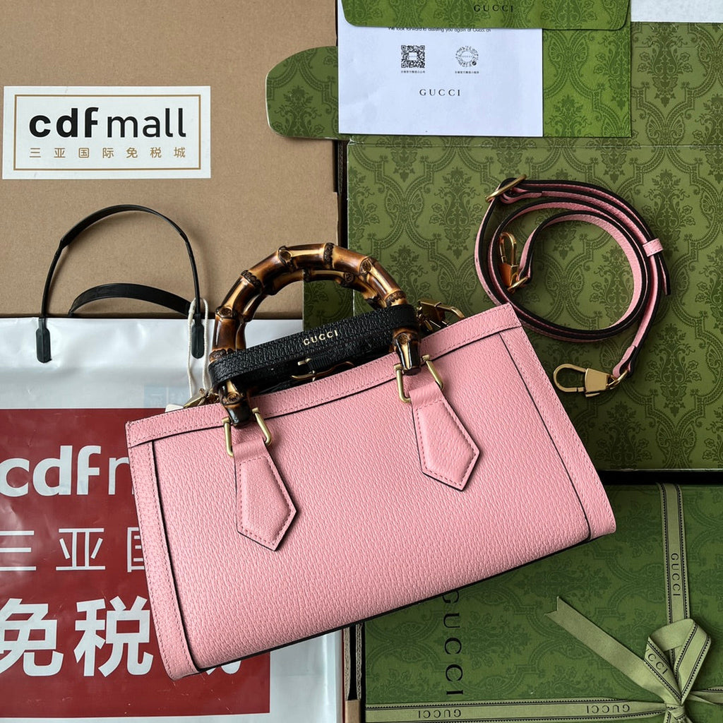DIANA MEDIUM TOTE BAG 27 IN PINK CALFSKIN BAMBOO HANDLES