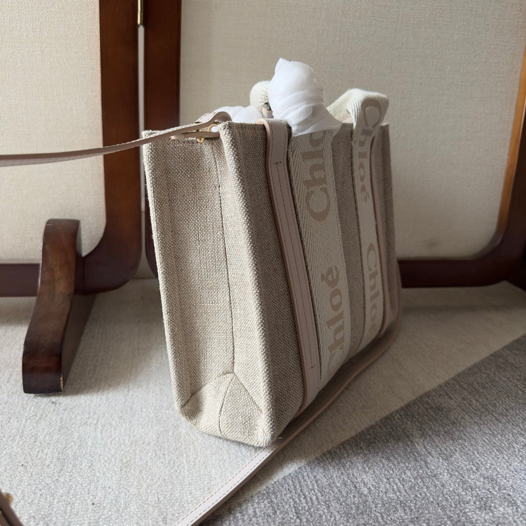 SMALL WOODY TOTE BAG 26.5 IN BEIGE LINEN CANVAS WEBBING LOGO EMBROIDER COTTON WHITE CALFSKIN