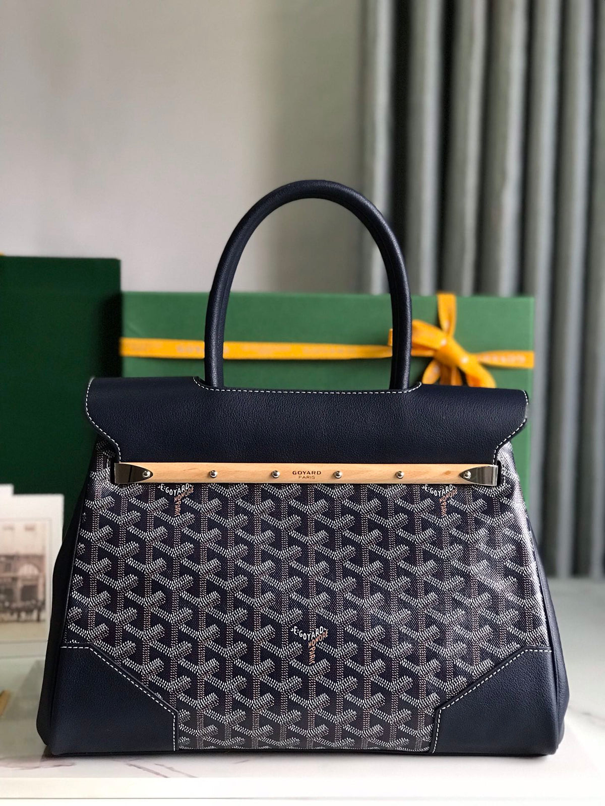 SAIGON SOUPLE BAG 34 IN NAVY BLUE GOYARDINE CANVAS AND CALFSKIN