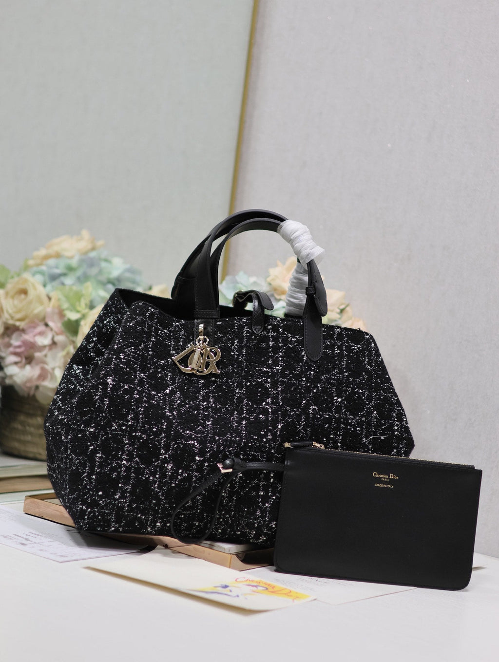 TOUJOURS BAG 37 IN BLACK MIX WHITE CANNAGE TWEED WITH GOLD HARDWARE