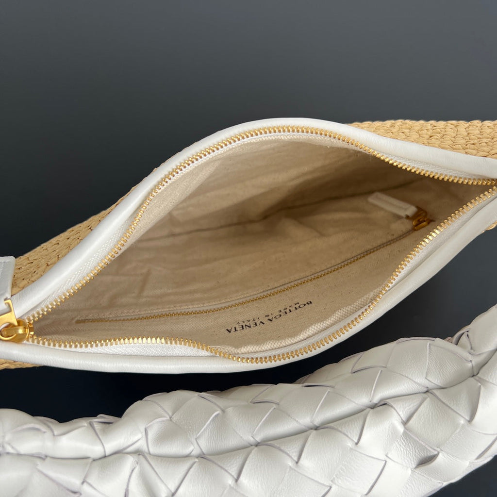 GEMELLI SHOULDER BAG 36 IN BEIGE RAFFIA AND WHITE LAMBSKIN