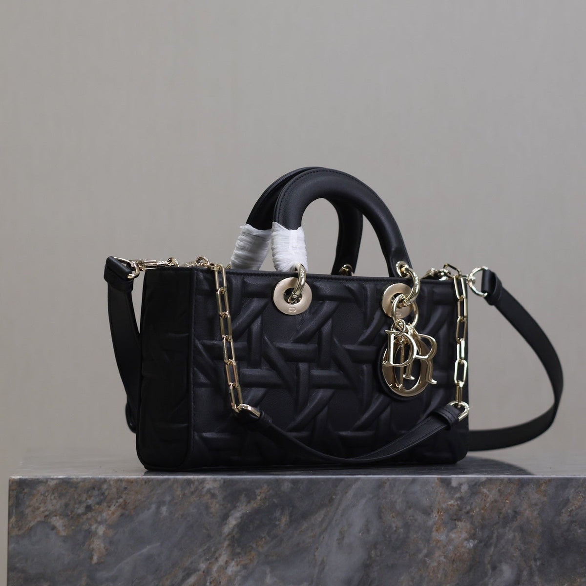 LADY D-JOY BAG 26 IN BLACK GRAPHIC CANNAGE CALFSKIN PALE GOLD-FINISH METAL CHARMS