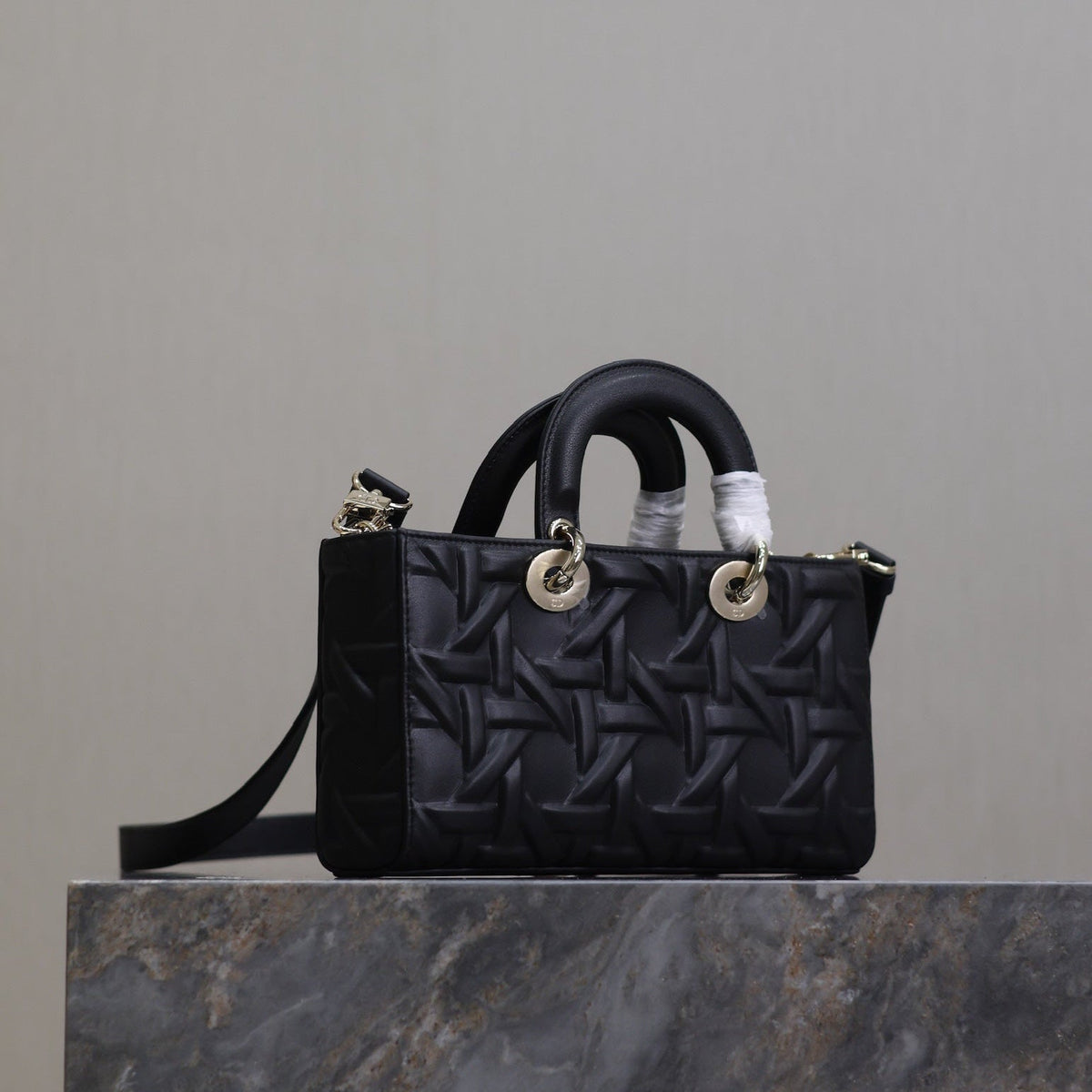 LADY D-JOY BAG 26 IN BLACK GRAPHIC CANNAGE CALFSKIN PALE GOLD-FINISH METAL CHARMS