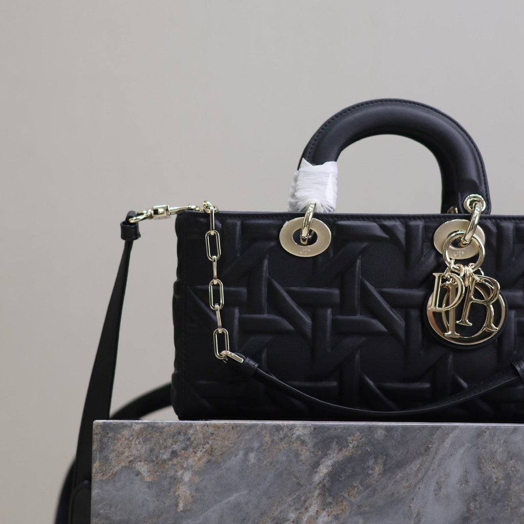 LADY D-JOY BAG 26 IN BLACK GRAPHIC CANNAGE CALFSKIN PALE GOLD-FINISH METAL CHARMS