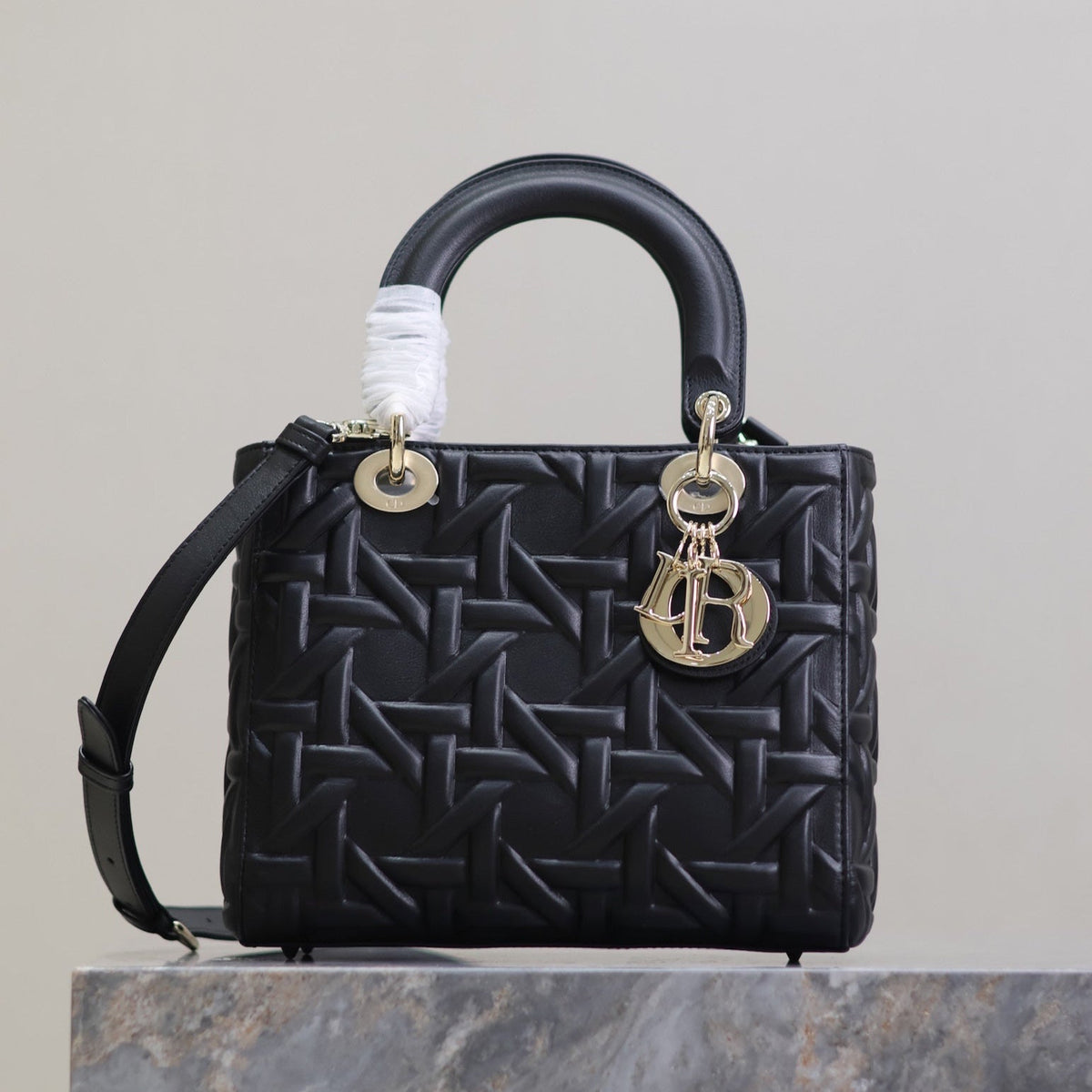 LADY BAG 24 IN BLACK GRAPHIC CANNAGE CALFSKIN PALE GOLD-FINISH METAL CHARMS