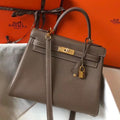 HERM Kelly 32cm Bag In Taupe Grey Clemence Leather GHW