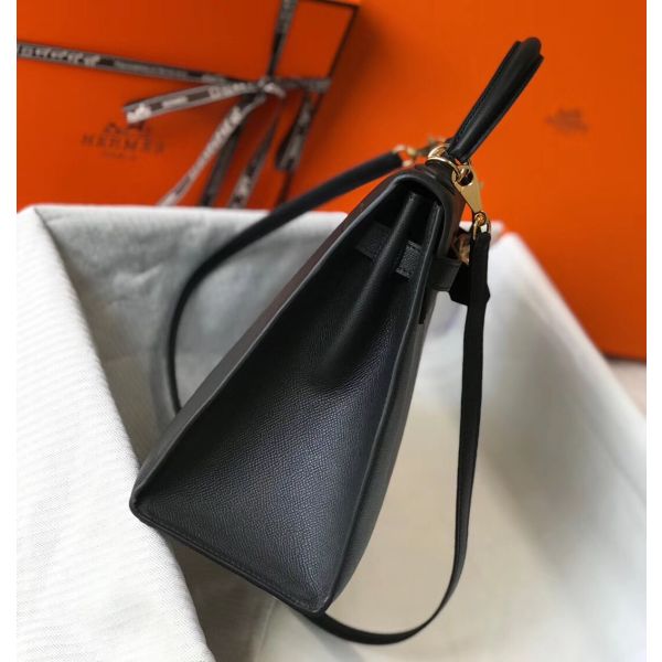 HERM Kelly 32cm Bag In Black Epsom Leather GHW