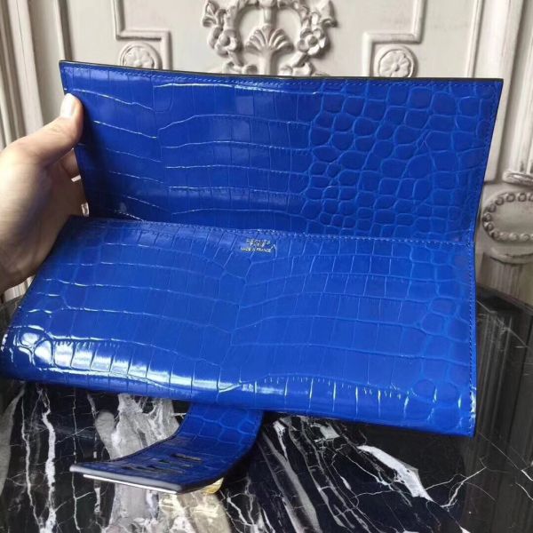 HERM Medor Clutch Bag In Blue Crocodile Leather