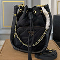 DRAWSTRING BUCKET BAG 23 IN BLACK QUILTED RE-NYLON