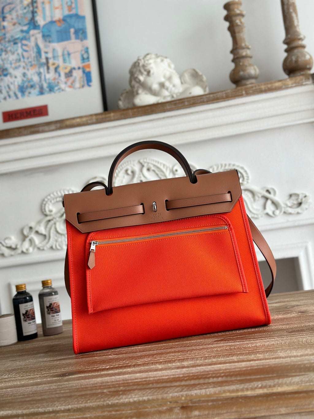 ZIP CABINE 31 BAG IN FIRE ORANGE CANVAS AND BRONZE BROWN CALFSKIN