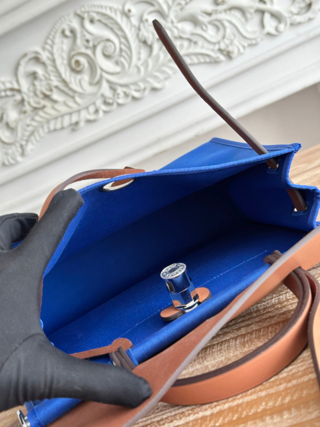 ZIP CABINE 31 BAG IN COBALT BLUE CANVAS AND BRONZE BROWN CALFSKIN