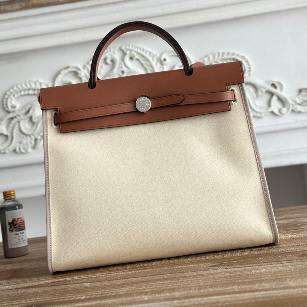 ZIP CABINE 31 BAG IN WHITE CREAM CANVAS AND BRONZE BROWN CALFSKIN