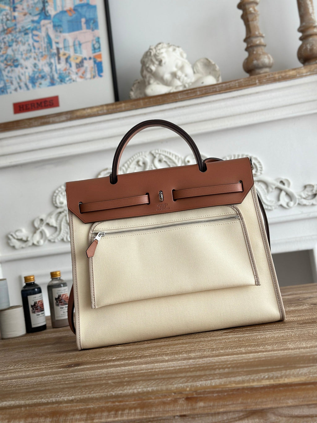 ZIP CABINE 31 BAG IN WHITE CREAM CANVAS AND BRONZE BROWN CALFSKIN