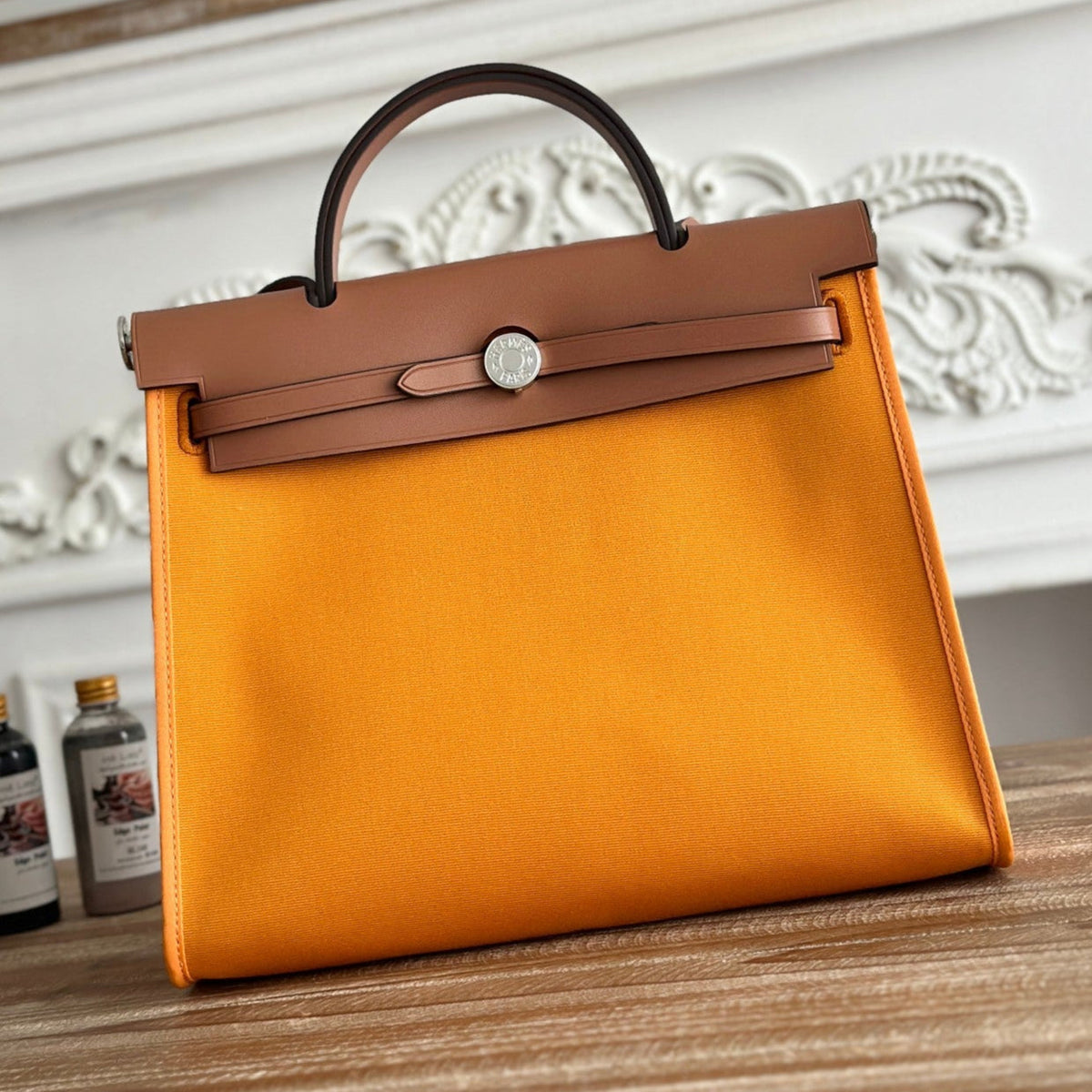 ZIP CABINE 31 BAG IN APRICOT ORANGE CANVAS AND BRONZE BROWN CALFSKIN