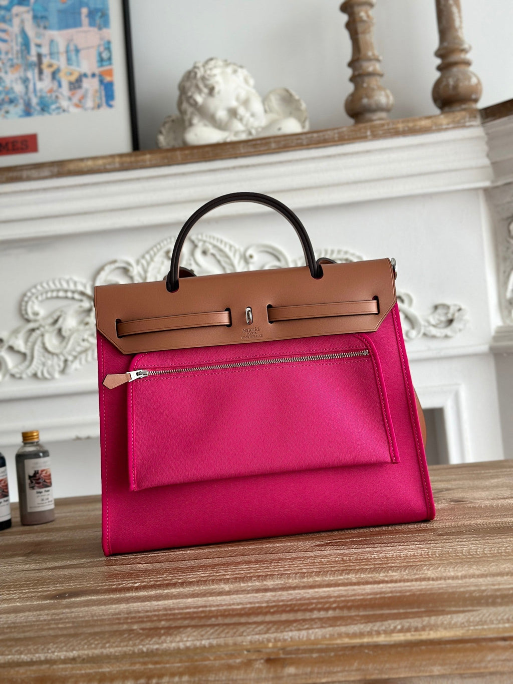 ZIP CABINE 31 BAG IN FUCHSIA PINK CANVAS AND BRONZE BROWN CALFSKIN