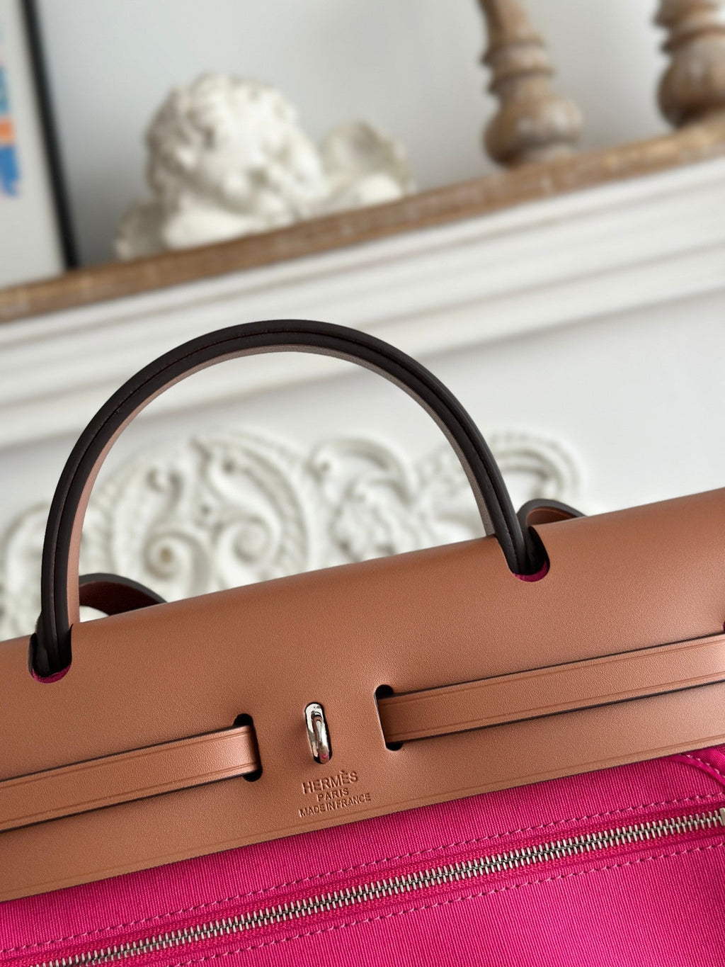 ZIP CABINE 31 BAG IN FUCHSIA PINK CANVAS AND BRONZE BROWN CALFSKIN