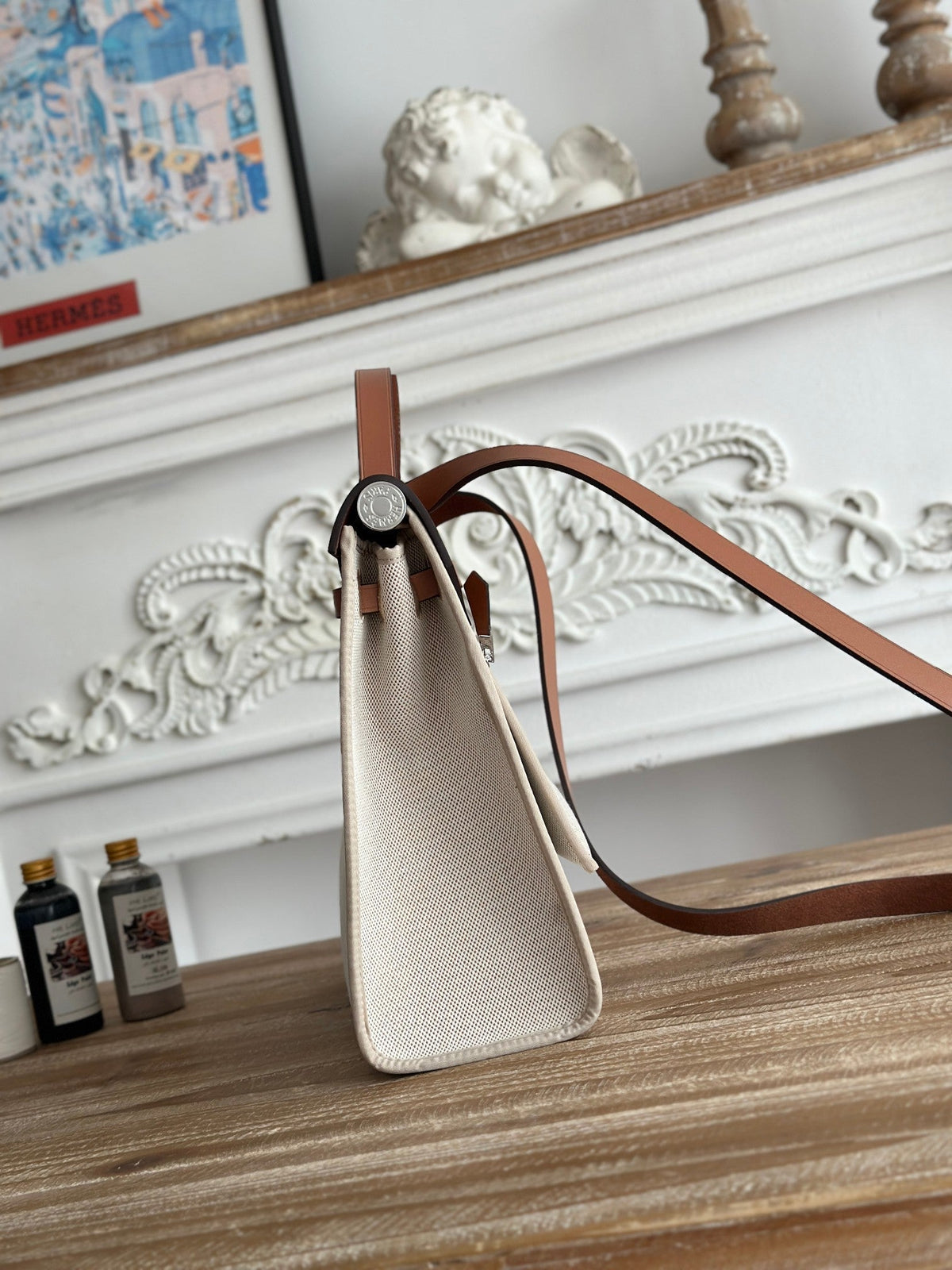 ZIP CABINE 31 BAG IN PALE GRAY CANVAS AND BRONZE BROWN CALFSKIN