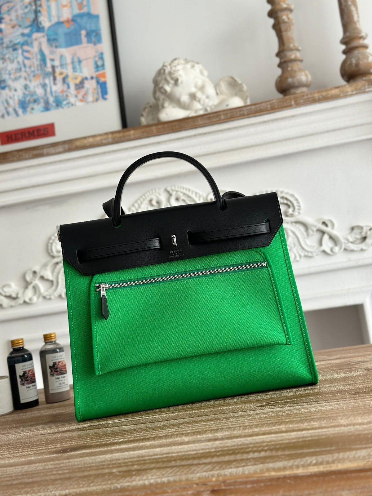 ZIP CABINE 31 BAG IN EMERALD GREEN CANVAS AND BLACK CALFSKIN