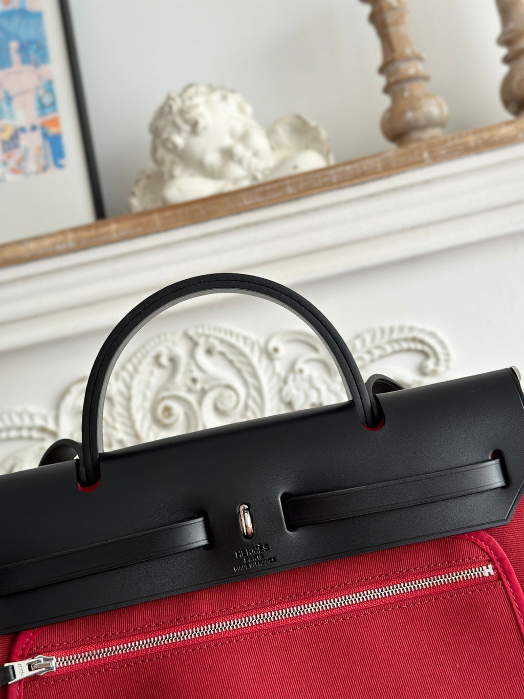 ZIP CABINE 31 BAG IN RUBY RED CANVAS AND BLACK CALFSKIN