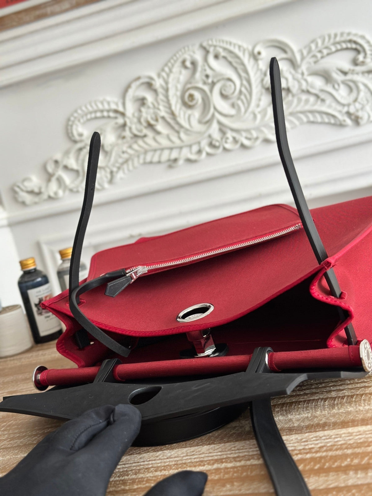 ZIP CABINE 31 BAG IN RUBY RED CANVAS AND BLACK CALFSKIN