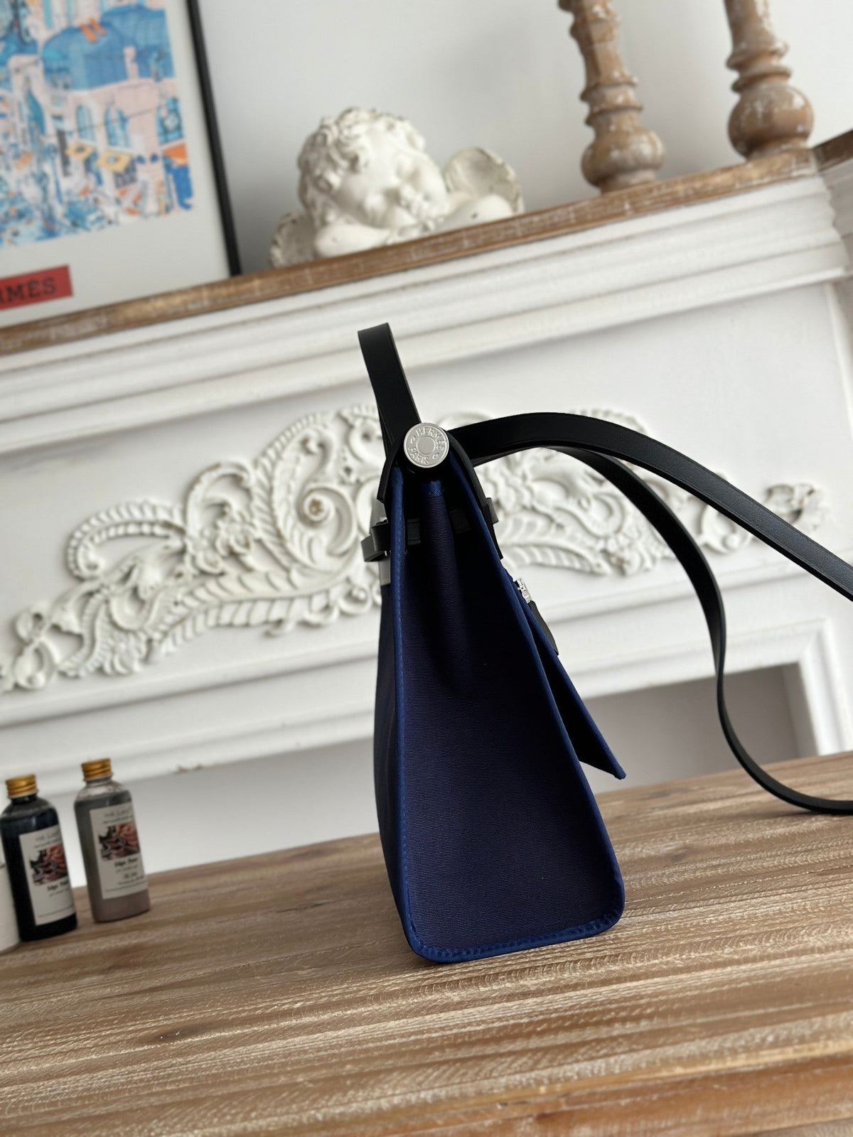 ZIP CABINE 31 BAG IN NAVY BLUE CANVAS AND BLACK CALFSKIN