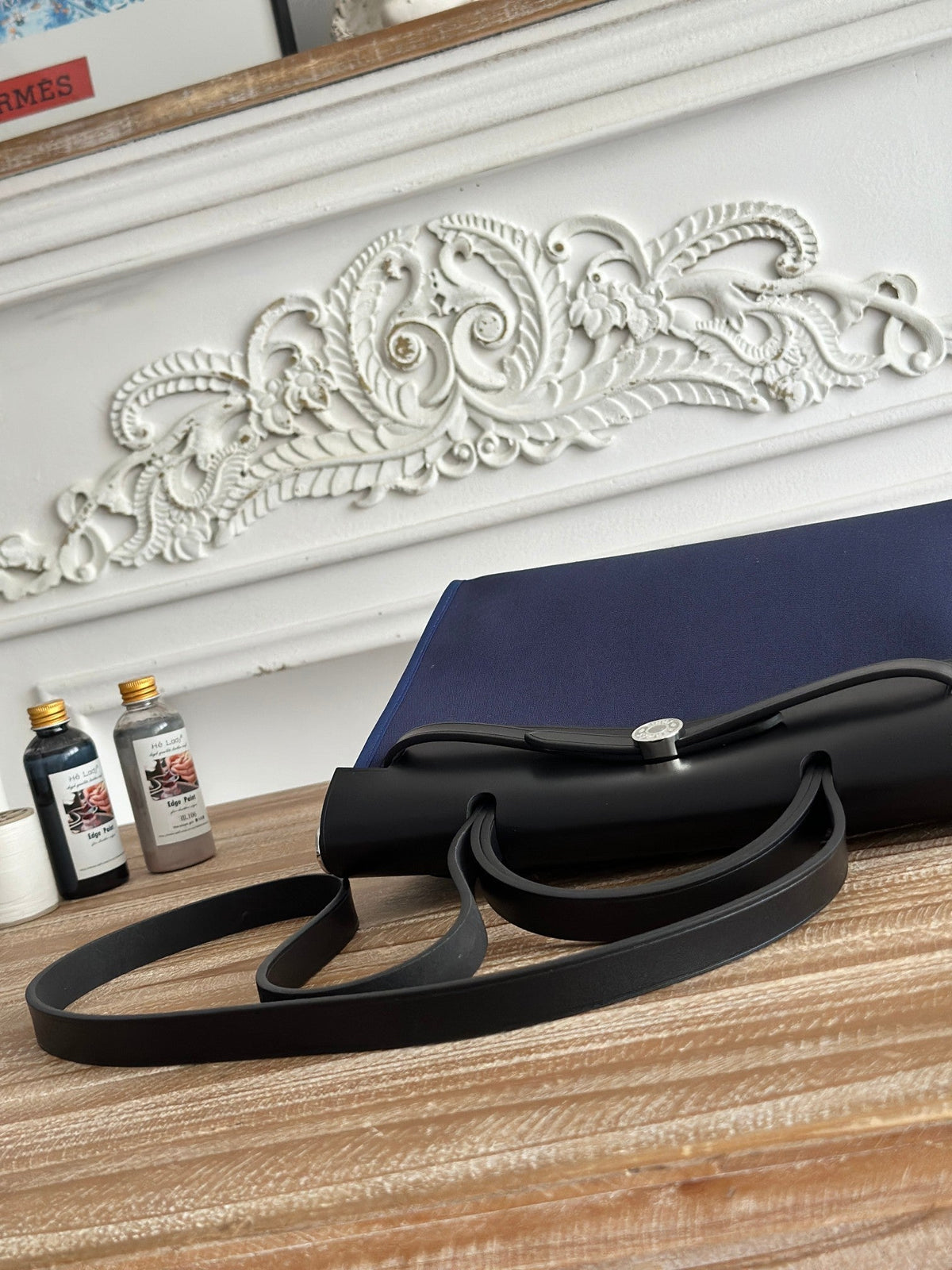 ZIP CABINE 31 BAG IN NAVY BLUE CANVAS AND BLACK CALFSKIN