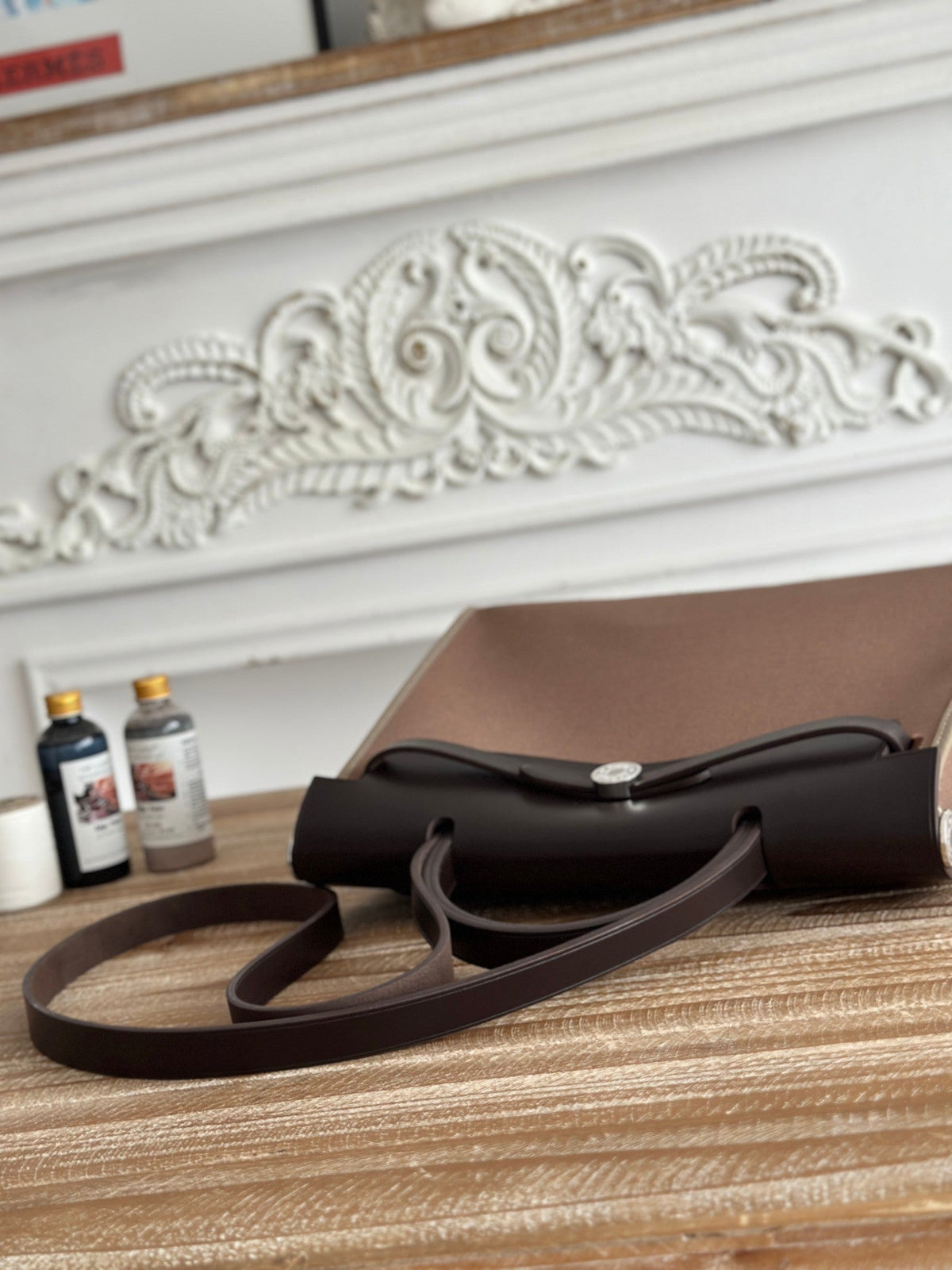 ZIP CABINE 31 BAG IN CHOCOLATE BROWN CANVAS AND BLACK CALFSKIN