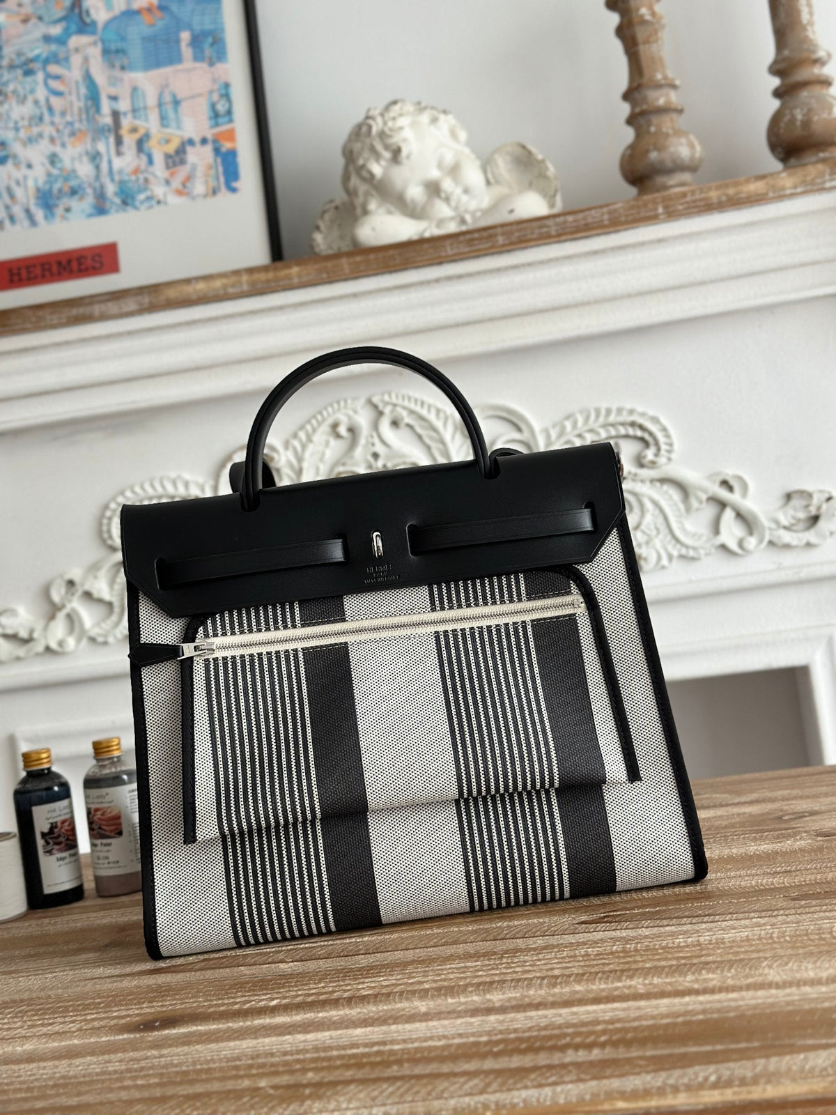 ZIP CABINE 31 BAG IN BLACK MIX WHITE CANVAS AND CALFSKIN