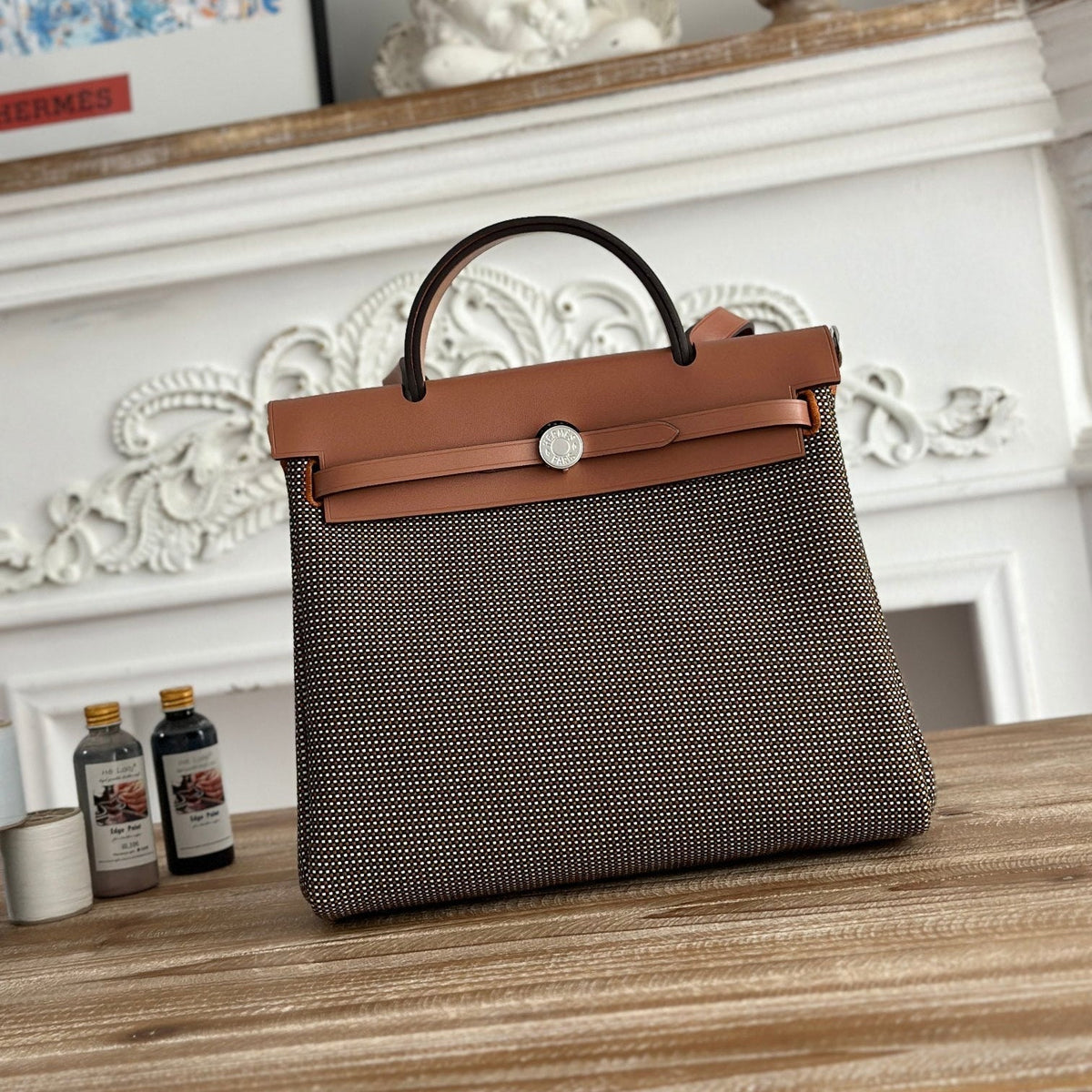 HERBAG MESSENGER 31 BAG IN DARK BROWN H VIKING CANVAS AND COWHIDE
