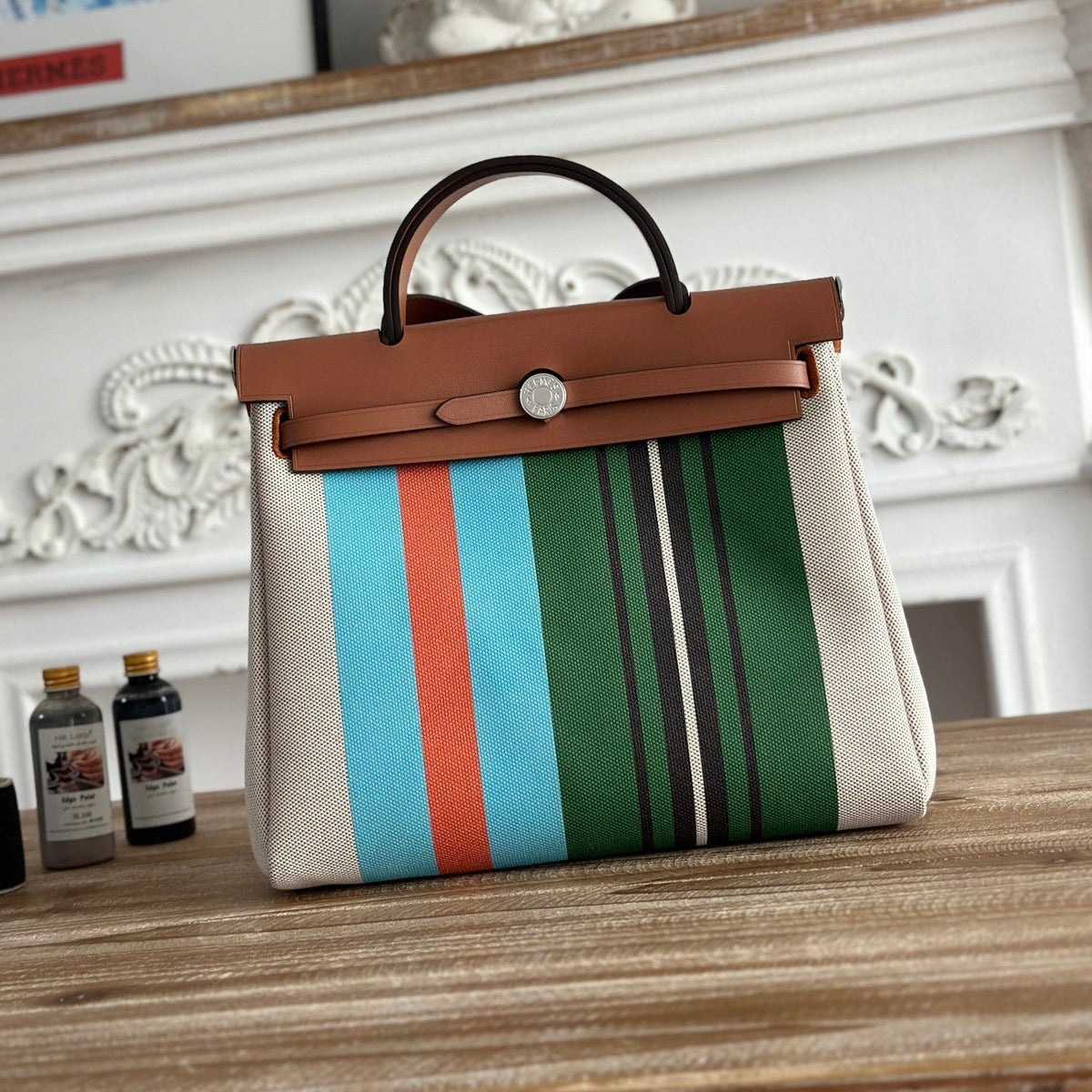 HERBAG ZIP 31 LAQUERED BAG IN GREEN MIX BLUE H PLUME CANVAS