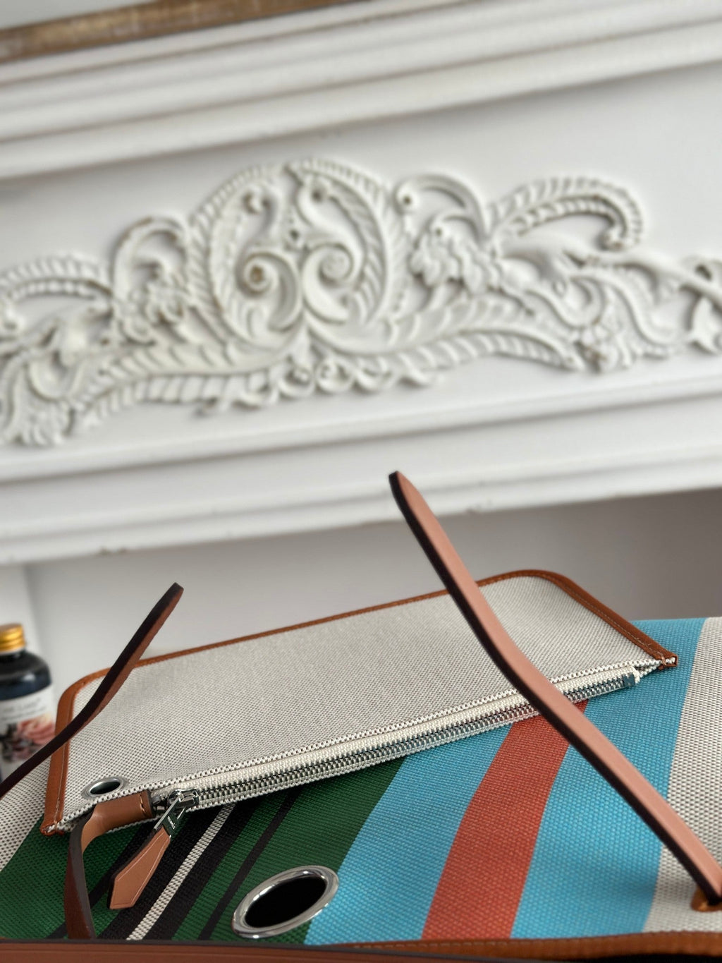 HERBAG ZIP 31 LAQUERED BAG IN GREEN MIX BLUE H PLUME CANVAS