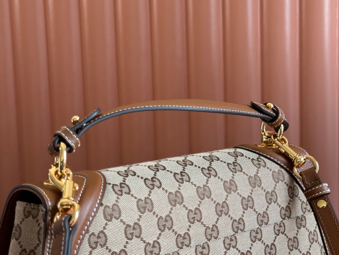 BLONDIE LARGE TOP HANDLE BAG 32 IN BEIGE AND DARK BROWN CANVAS BROWN CALFSKIN