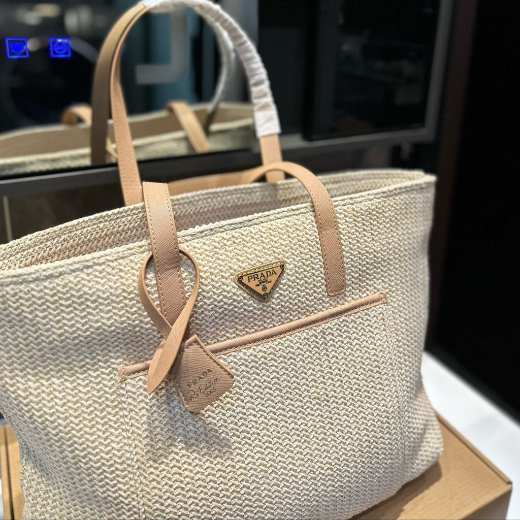 CROCHET TOTE BAG 38 IN BEIGE WOVEN RAFFIA CALFSKIN STRAP