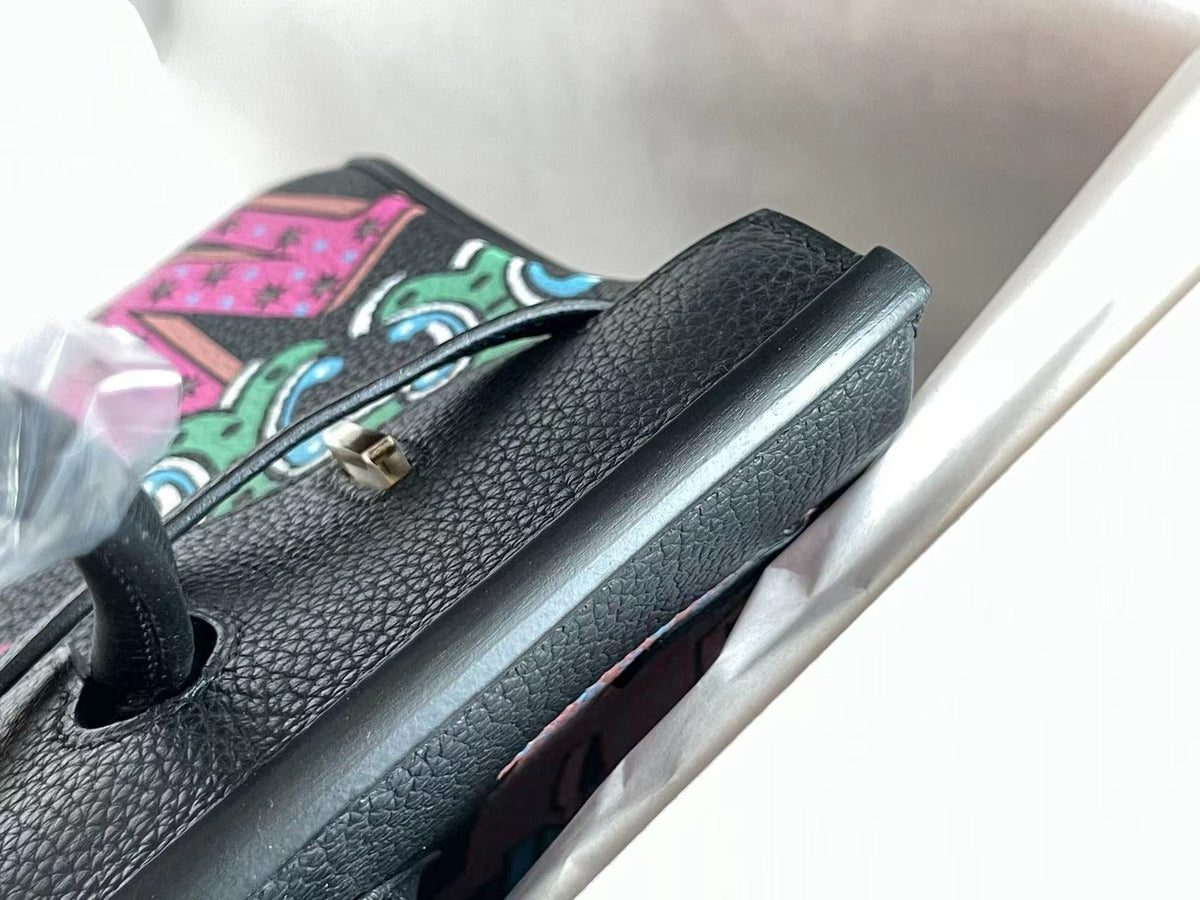 BIRKIN 25 BAG IN BLACK CALFSKIN WITH COLORFUL STICKER