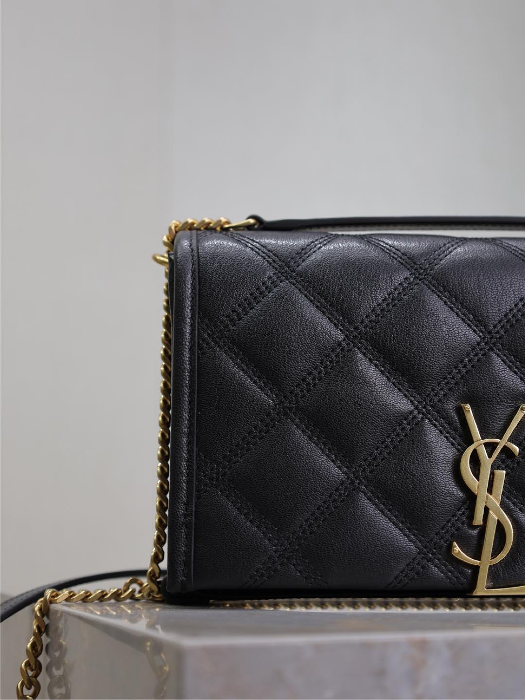 BECKY 22 IN BLACK QUILTED LAMBSKIN GOLD HARDWARE
